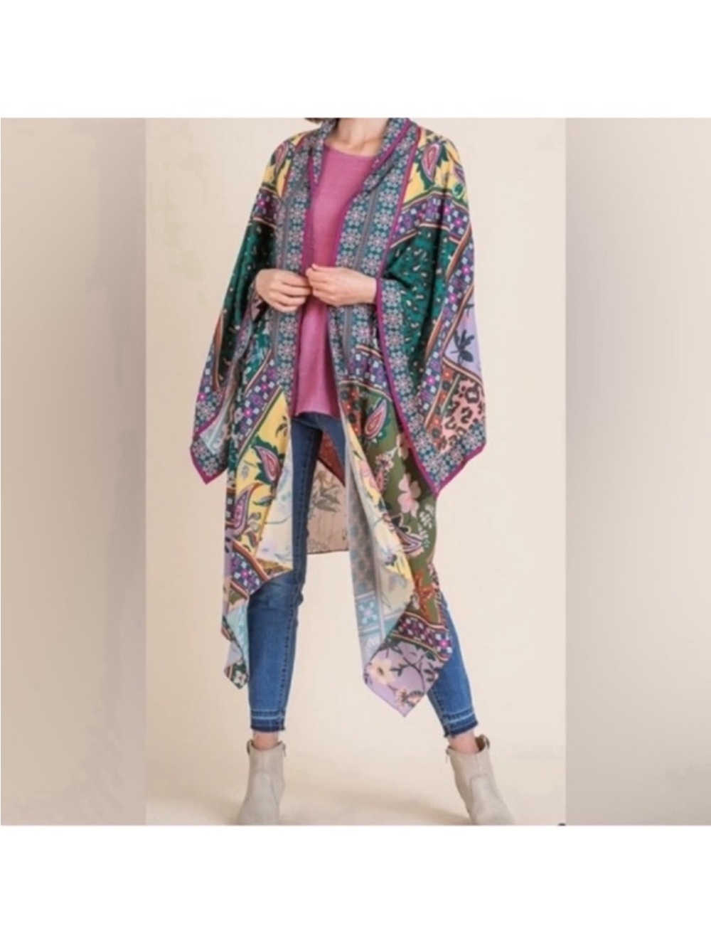 Umgee Mixed Scarf Print Angel Sleeve Open Front Kimono with Sharkbite Hem Sz S/M
